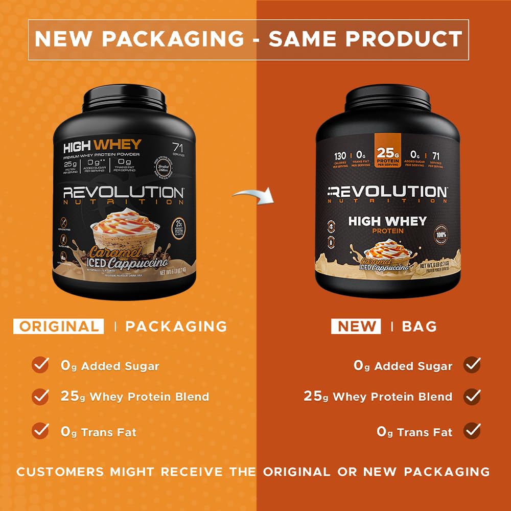 Revolution Nutrition, High Whey, Protein Powder 6LB, Whey Isolate, Gluten Free, Lean Muscle Mass for Men & Women, 25g of Protein Per Scoop, 2.7kg, 73 Servings (Caramel Iced Cappuccino, 6 Pound)